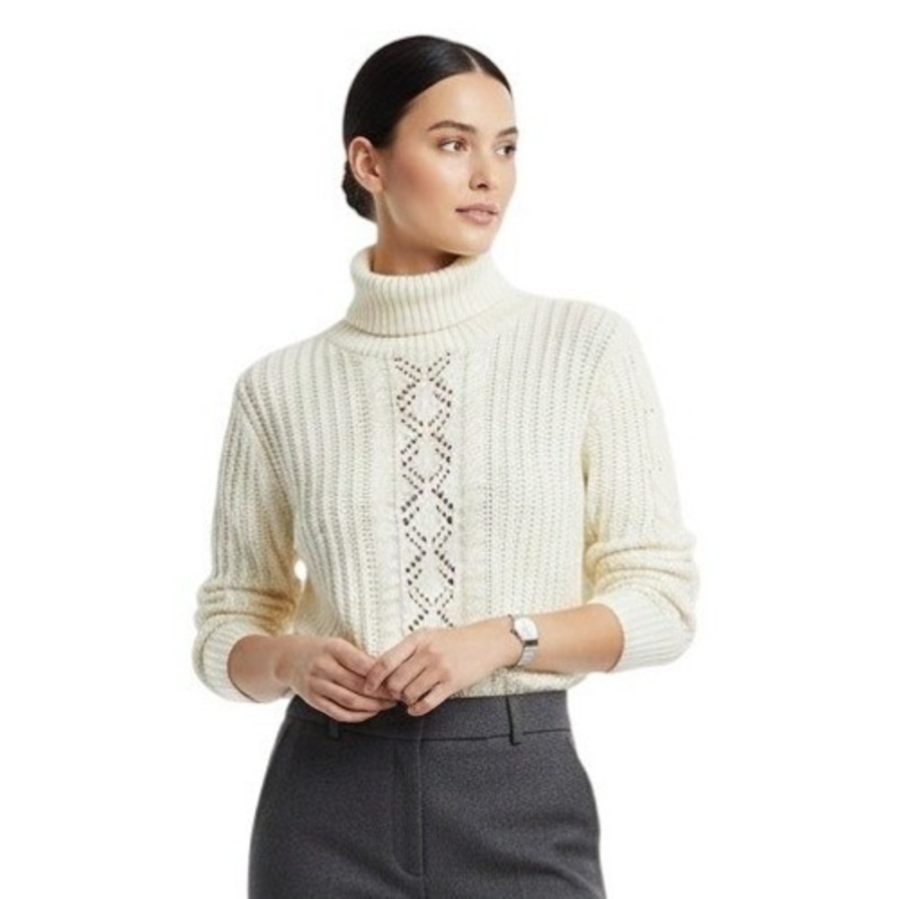 MELROSE & MARKET Ivory Pointelle Cable Knit Turtleneck Sweater Small NWT $80